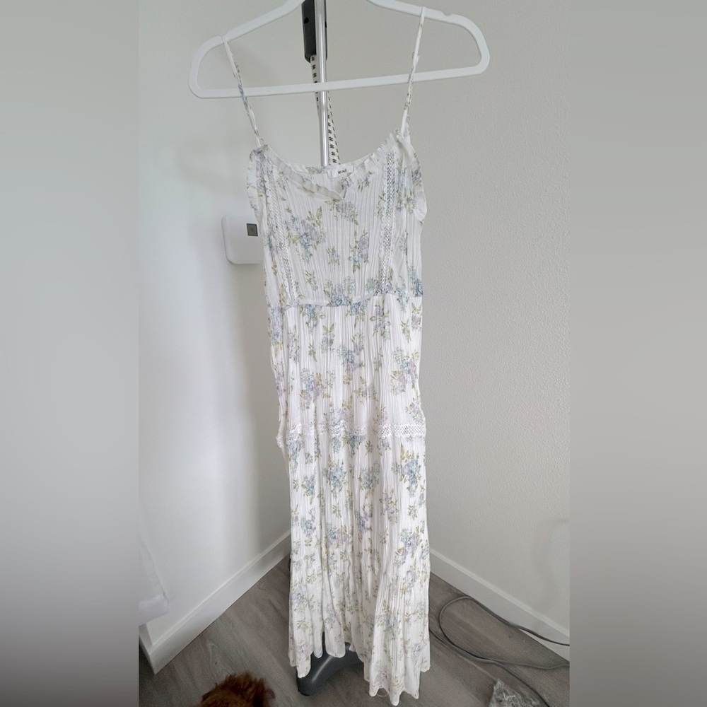 White Blue Lightweight Spaghetti Strap Empire Waist Maxi Dress
